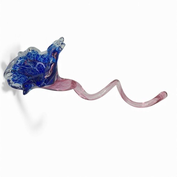 Studio Art Handblown Glass Flower Sculpture With Pink Curl Stem & Blue Bloom 14" - Picture 8 of 8